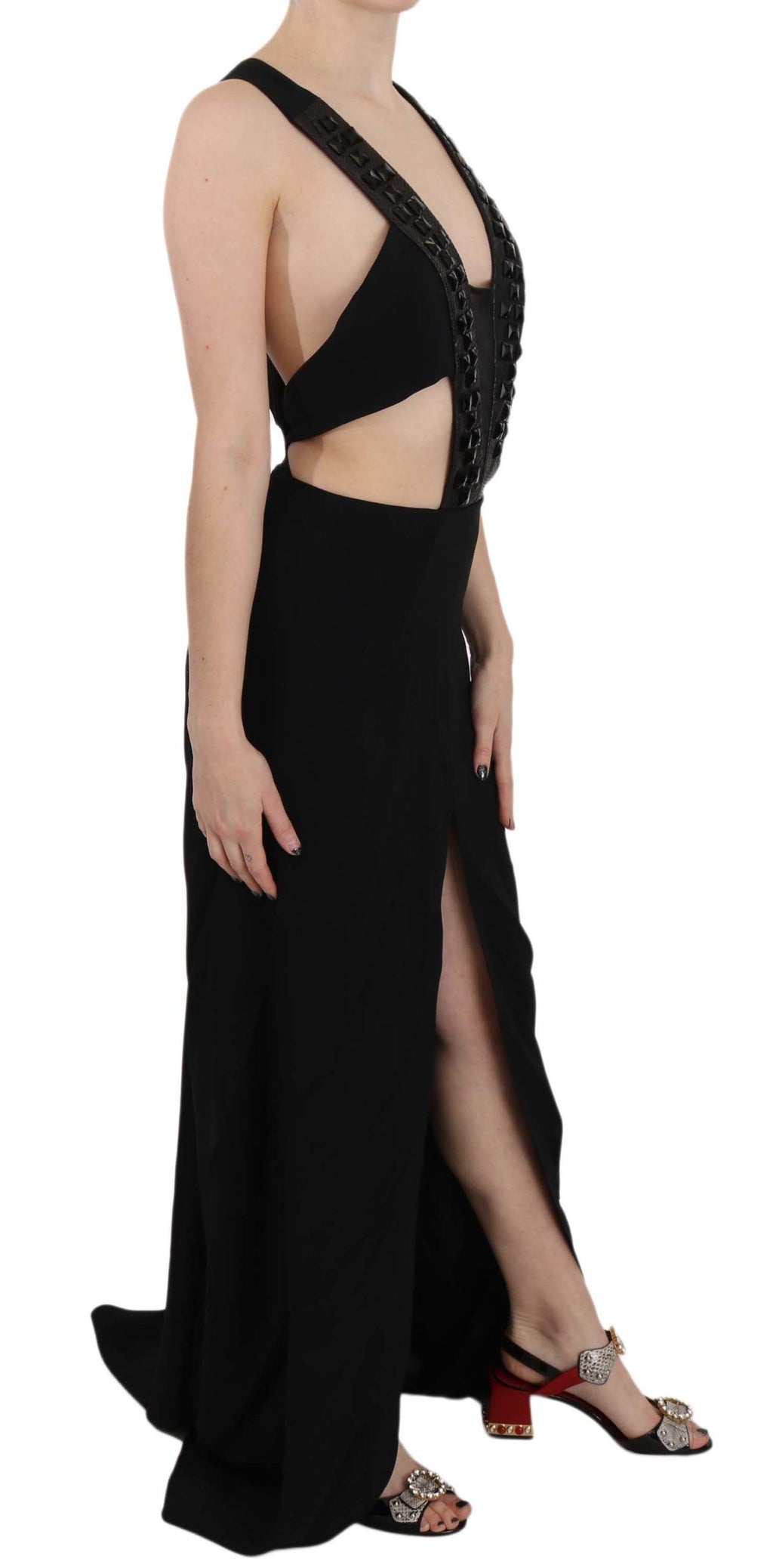 John Richmond Schwarzes Kristall-Lederkleid Flare Dress