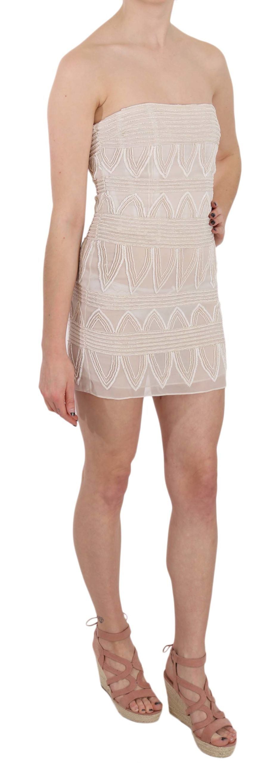 John Richmond Beigefarbenes, perlenbesetztes kurzes Minikleid aus Seide