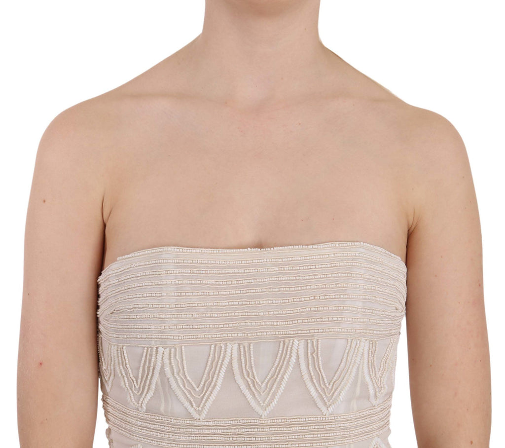 John Richmond Beigefarbenes, perlenbesetztes kurzes Minikleid aus Seide