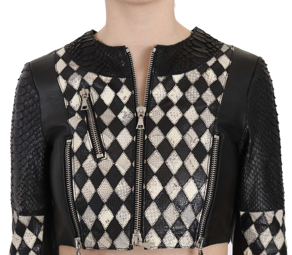 John Richmond Schwarz Weiß Leder Kurzer Cropped Biker Jacke Mantel