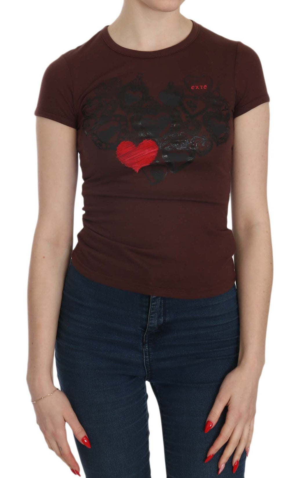 Exte Braunes Herz kurzärmeliges lässiges T-Shirt Top
