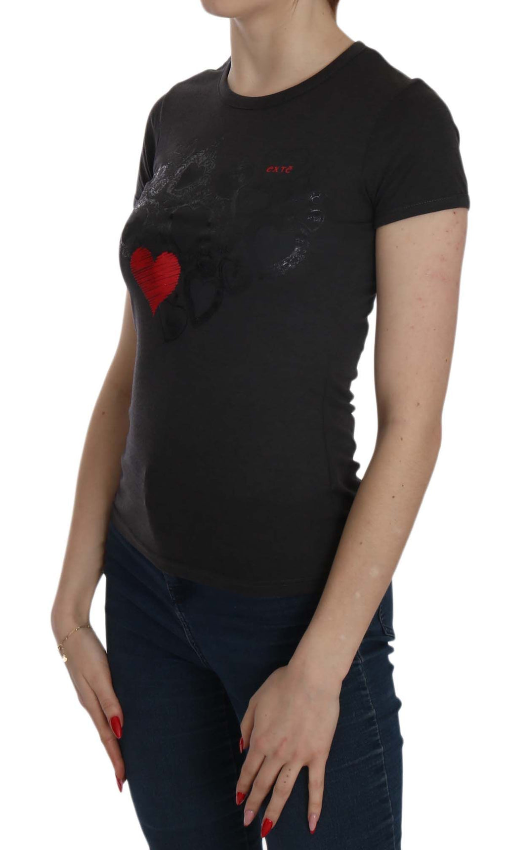 Exte Schwarzes Herz Print Kurzarm Freizeithemd Top