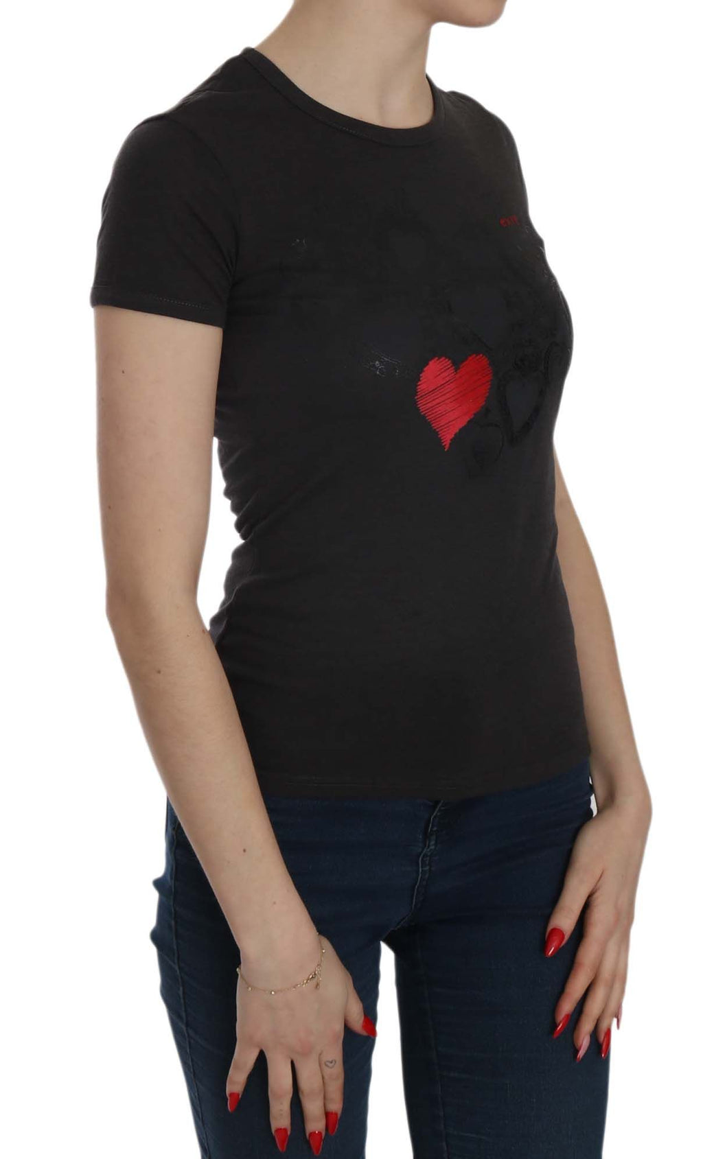 Exte Schwarzes Herz Print Kurzarm Freizeithemd Top
