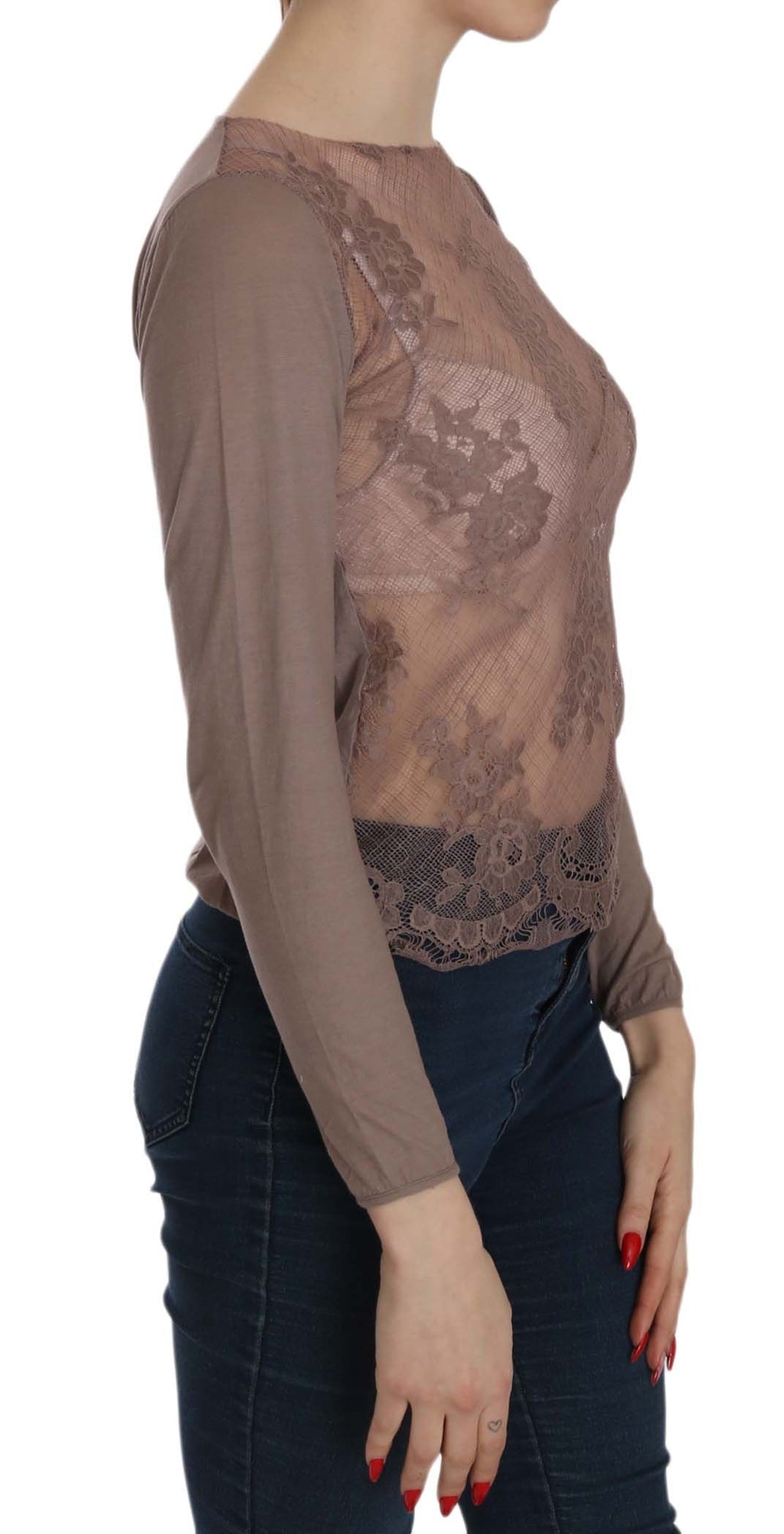 PINK MEMORIES Brown Long Sleeve Top with Sheer Lace