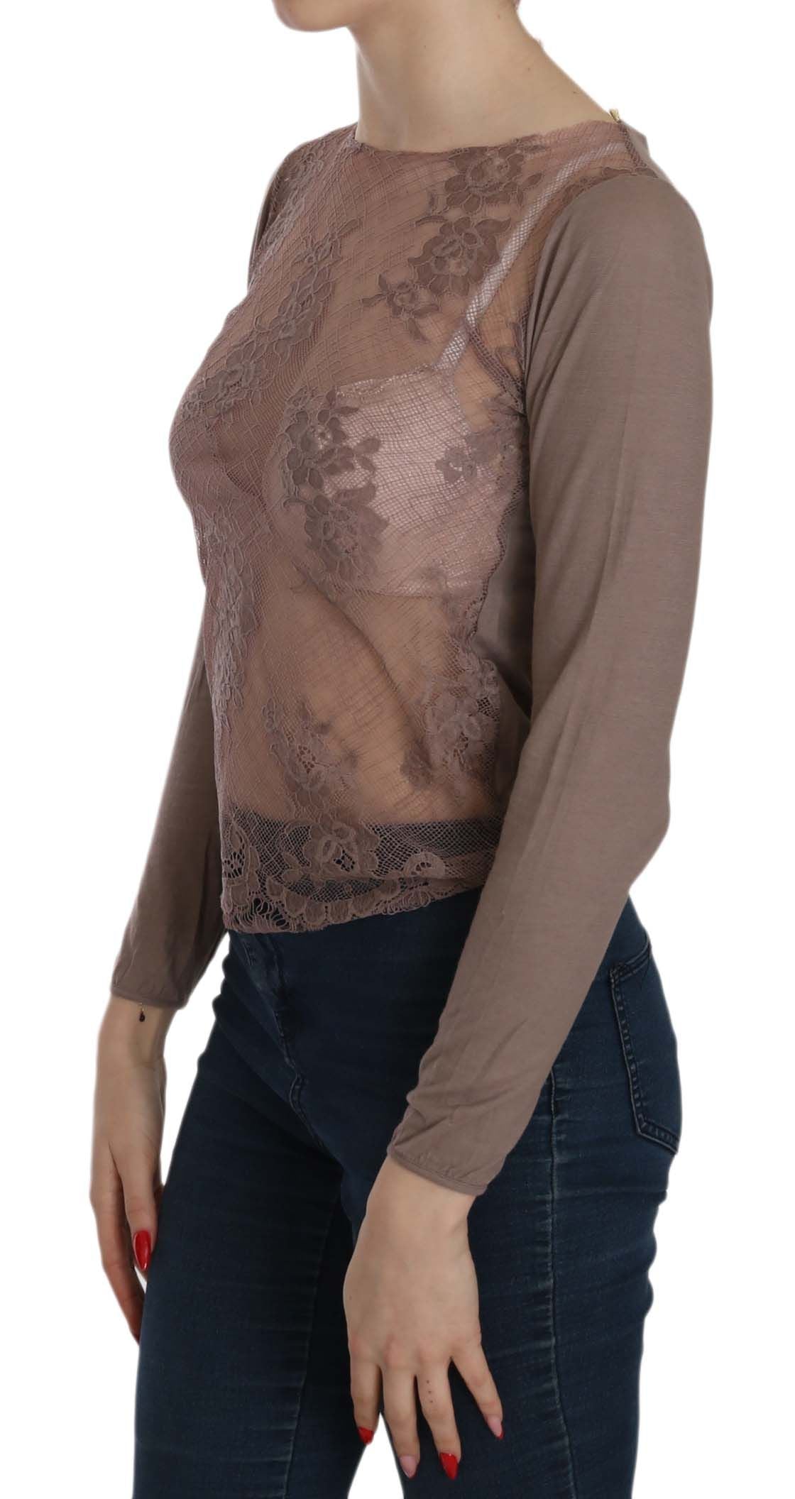 PINK MEMORIES Brown Long Sleeve Top with Sheer Lace