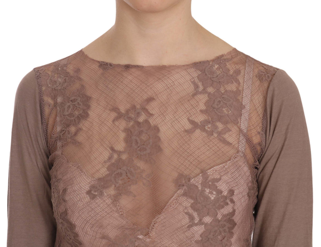 PINK MEMORIES Brown Long Sleeve Top with Sheer Lace