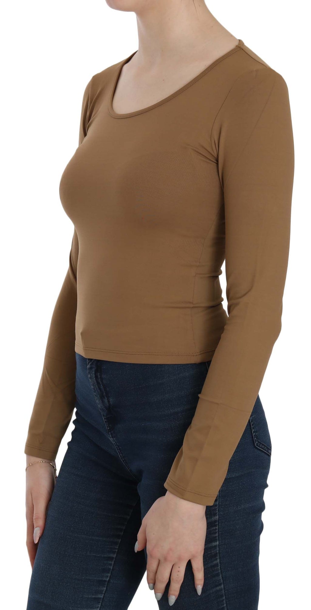 GF Ferre Brown Long Crew Neck Fitted Shirt Tops Blouse