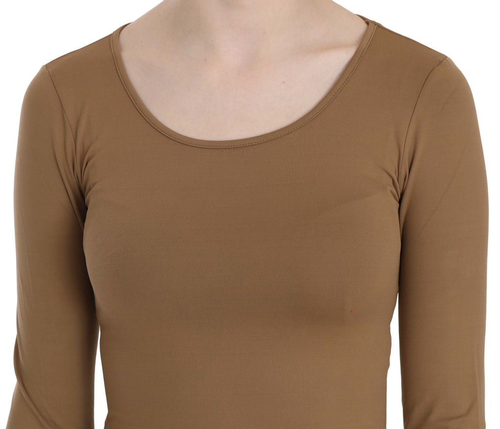 GF Ferre Brown Long Crew Neck Fitted Shirt Tops Blouse
