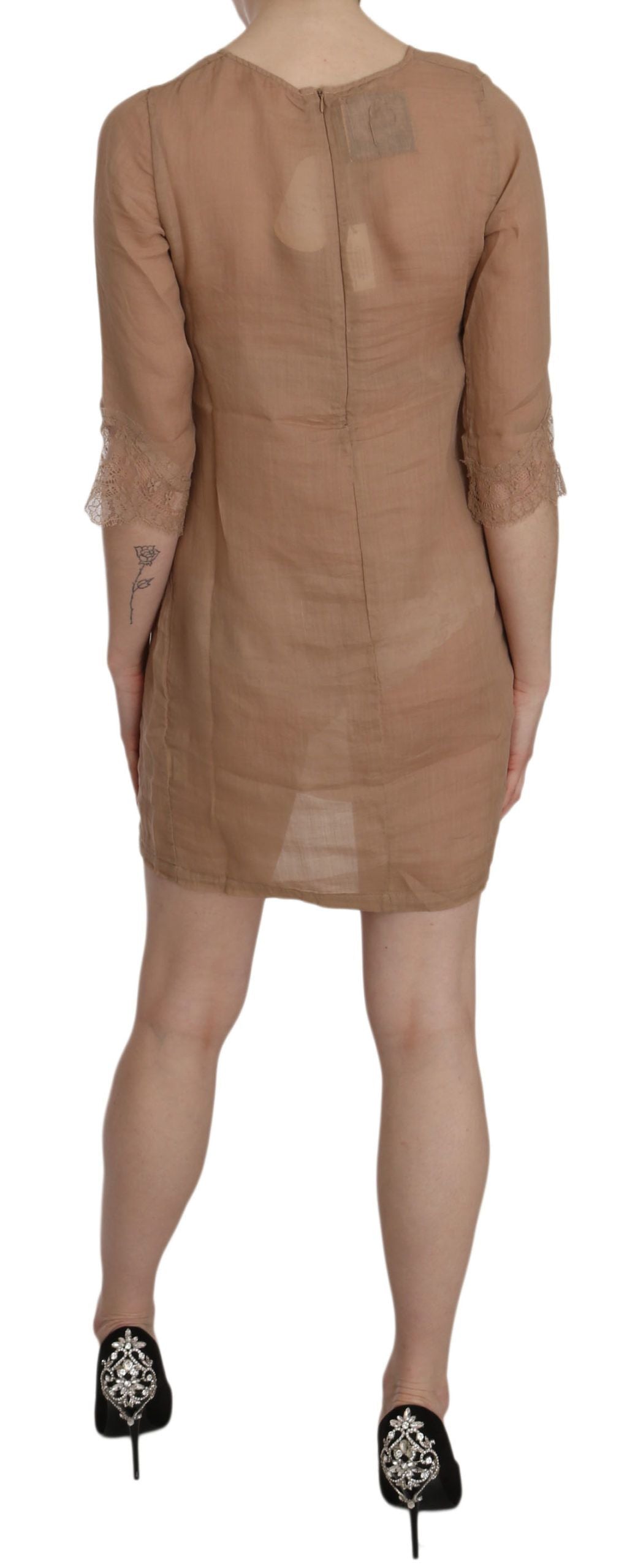 PINK MEMORIES Braunes 3/4-Ärmel-Shift-Minikleid mit Rundhalsausschnitt