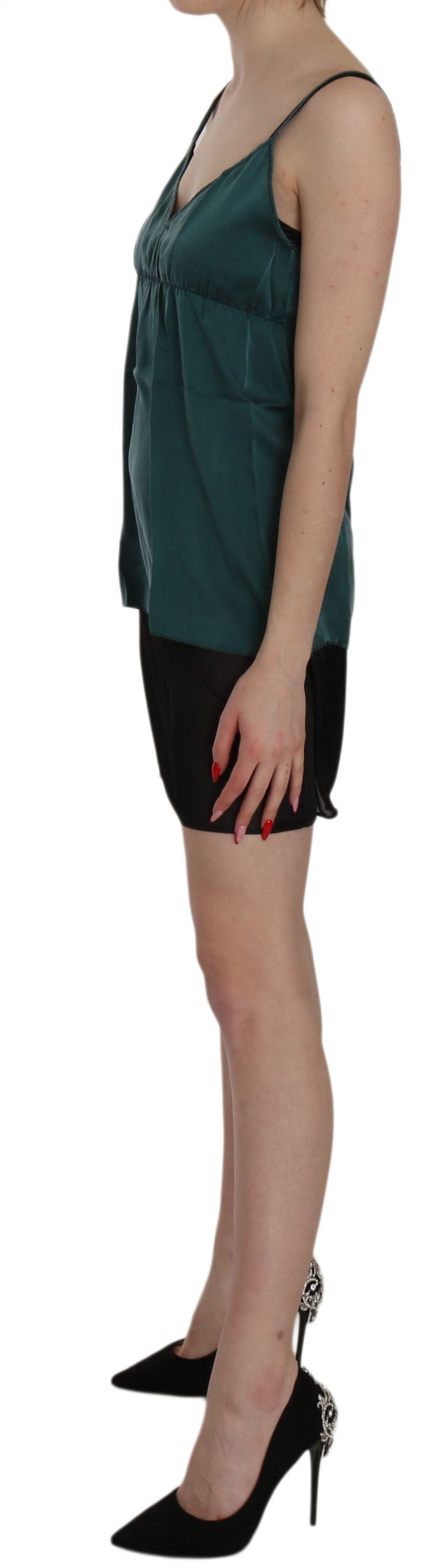 PINK MEMORIES Green Silk Spaghetti Strap Shift Minidress