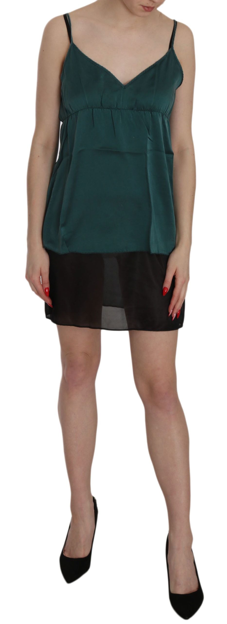 PINK MEMORIES Green Silk Spaghetti Strap Shift Minidress