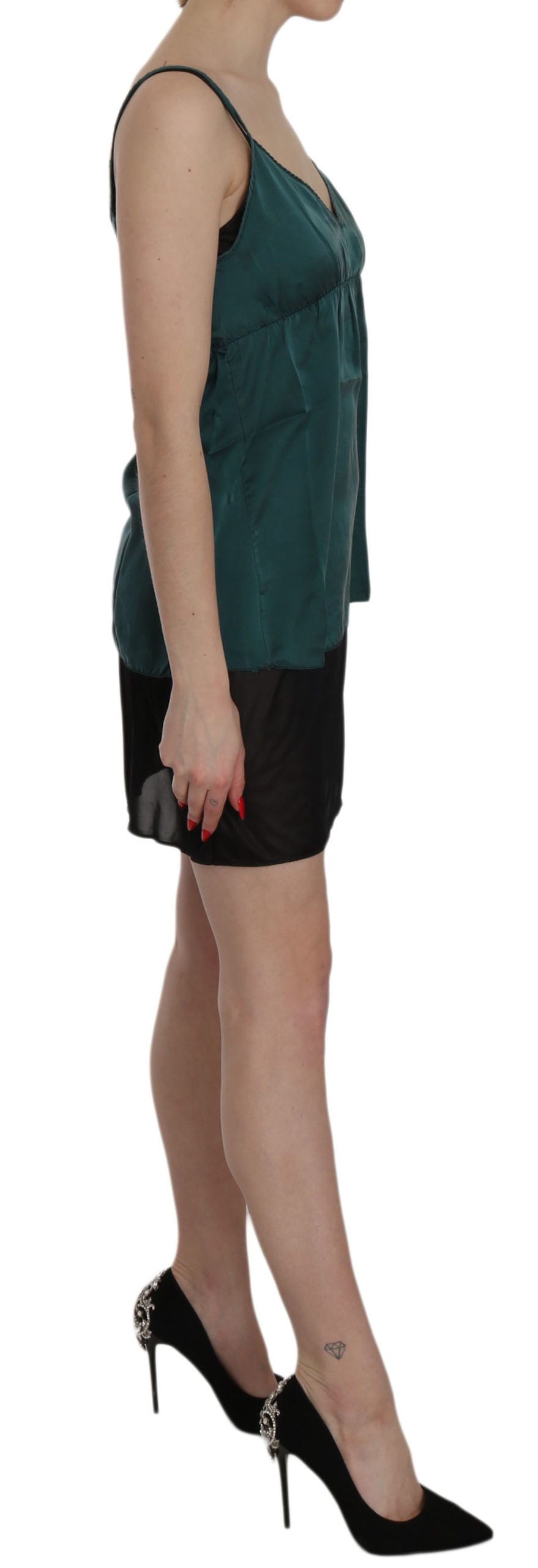 PINK MEMORIES Green Silk Spaghetti Strap Shift Minidress