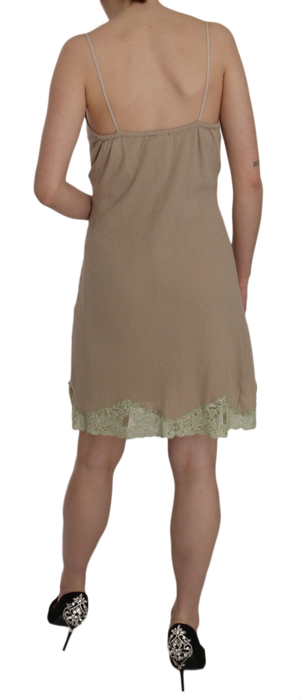 PINK MEMORIES Beigefarbenes Spaghettiträger-Minikleid aus Baumwolle mit Spitze