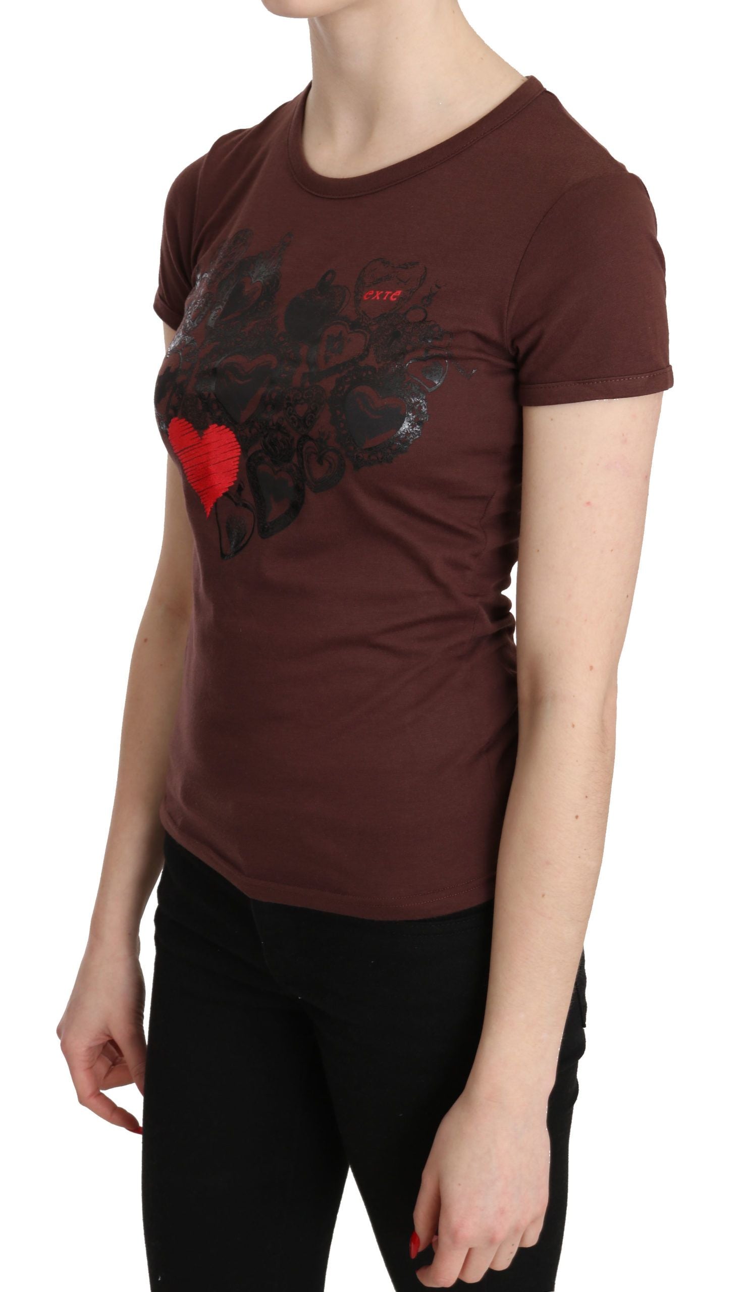 Extended Brown Heart T-Shirt with Round Neck