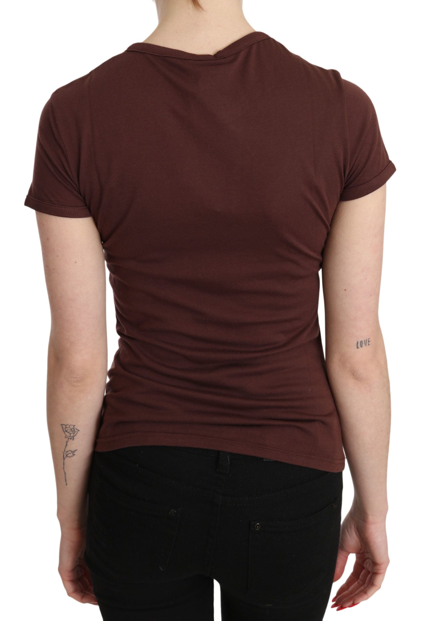 Extended Brown Heart T-Shirt with Round Neck