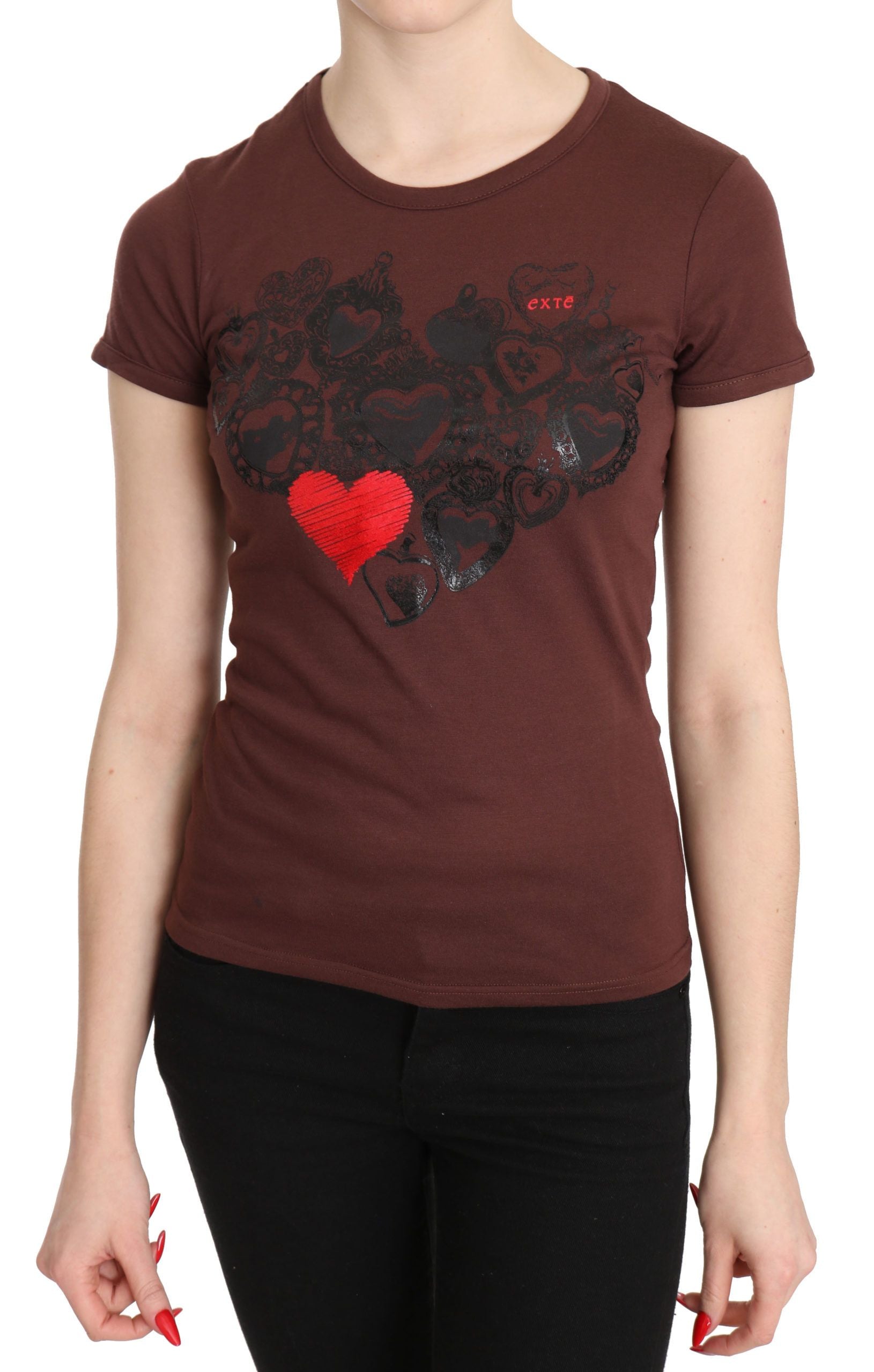 Extended Brown Heart T-Shirt with Round Neck