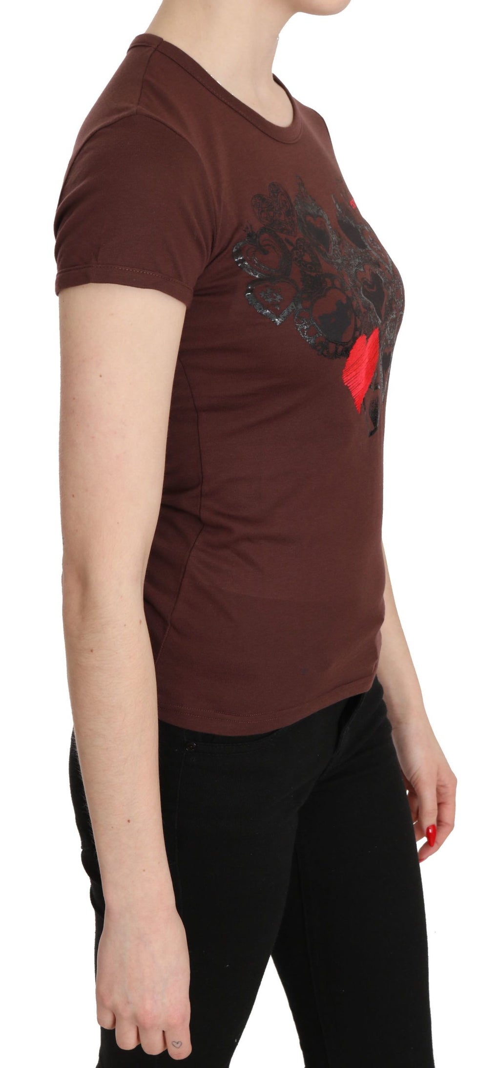 Extended Brown Heart T-Shirt with Round Neck