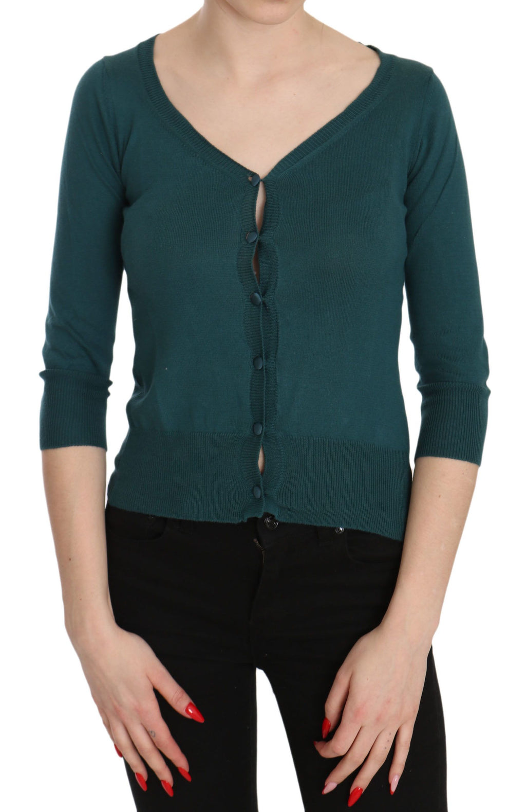 PINK MEMORIES Blau Grün Baumwolle 3/4 Ärmel Strickjacke Top Bluse