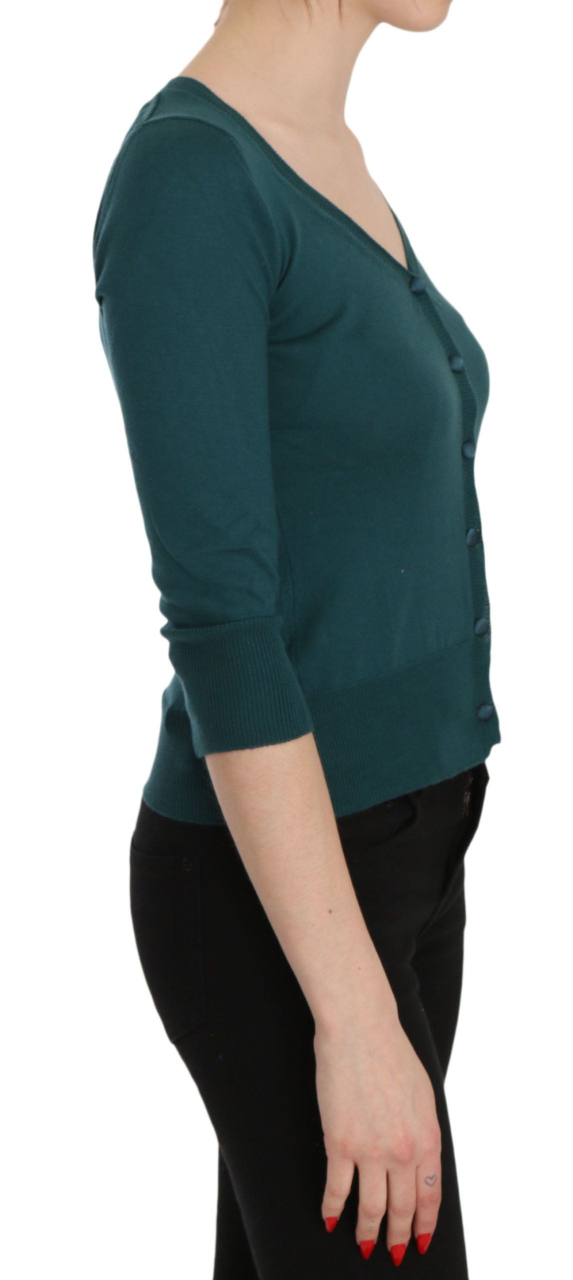 PINK MEMORIES Blau Grün Baumwolle 3/4 Ärmel Strickjacke Top Bluse