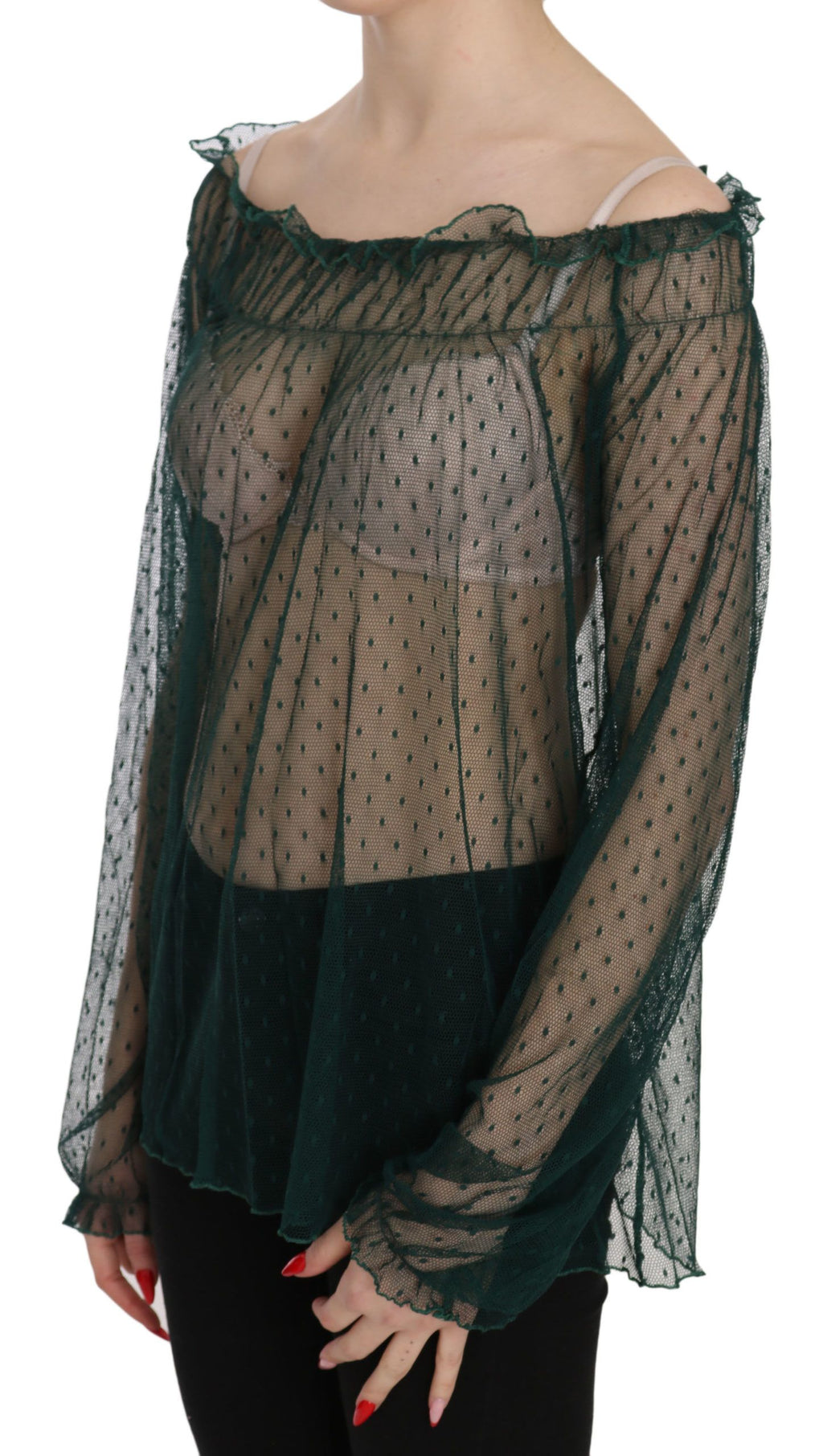 PINK MEMORIES Grünes Mesh-See-Through-Top mit langen Ärmeln Bluse