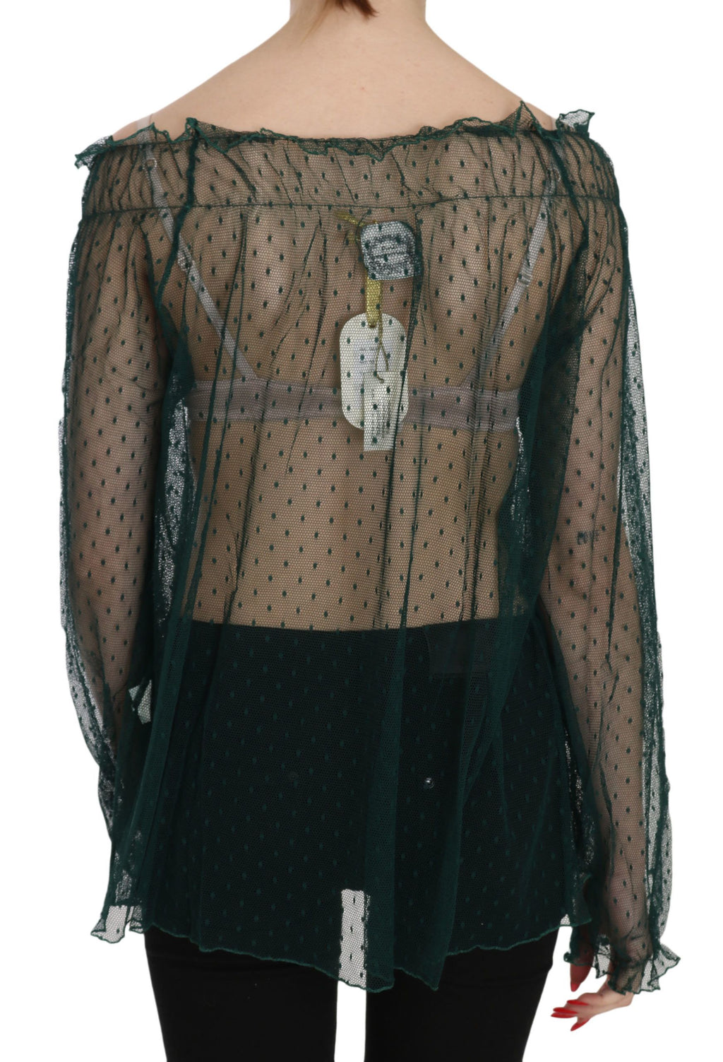 PINK MEMORIES Grünes Mesh-See-Through-Top mit langen Ärmeln Bluse