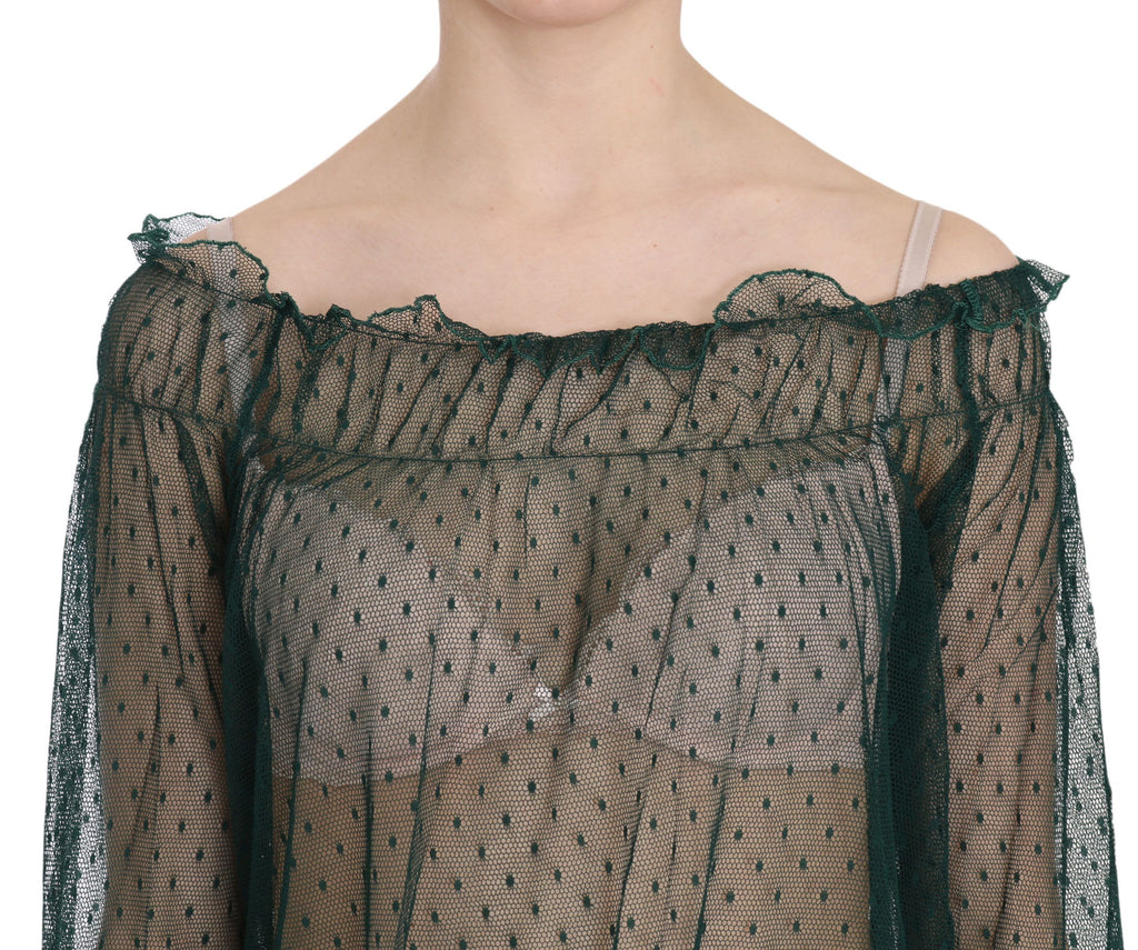 PINK MEMORIES Grünes Mesh-See-Through-Top mit langen Ärmeln Bluse
