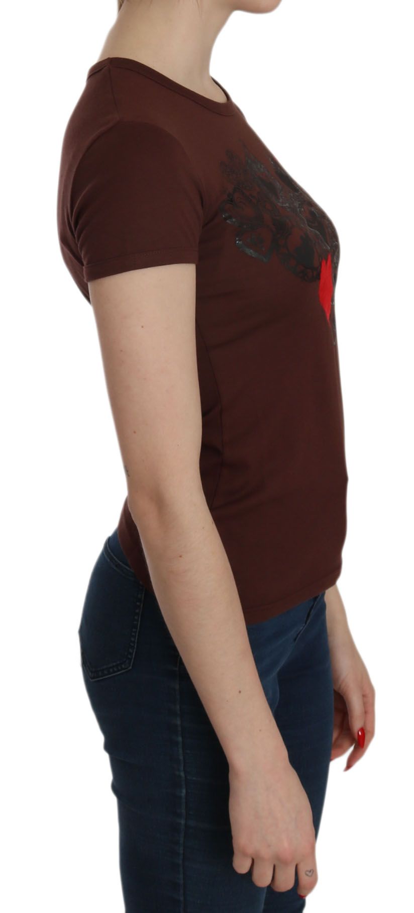 Extra Brown Heart Print Round Neck T-Shirt Short Sleeve Blouse