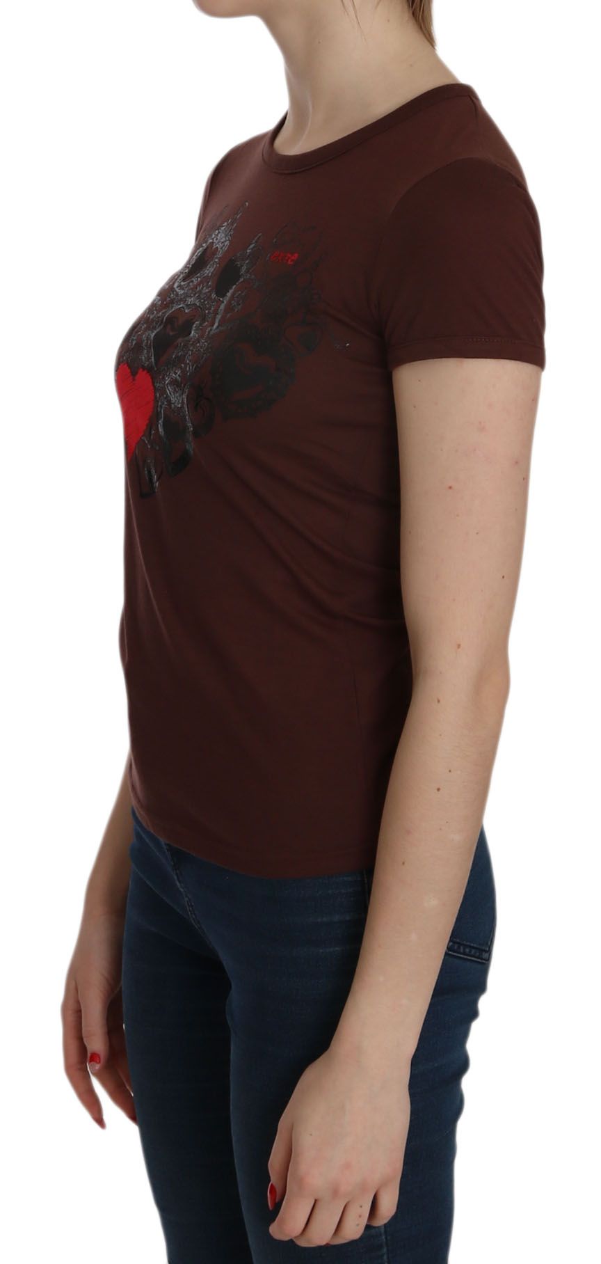 Extra Brown Heart Print Round Neck T-Shirt Short Sleeve Blouse