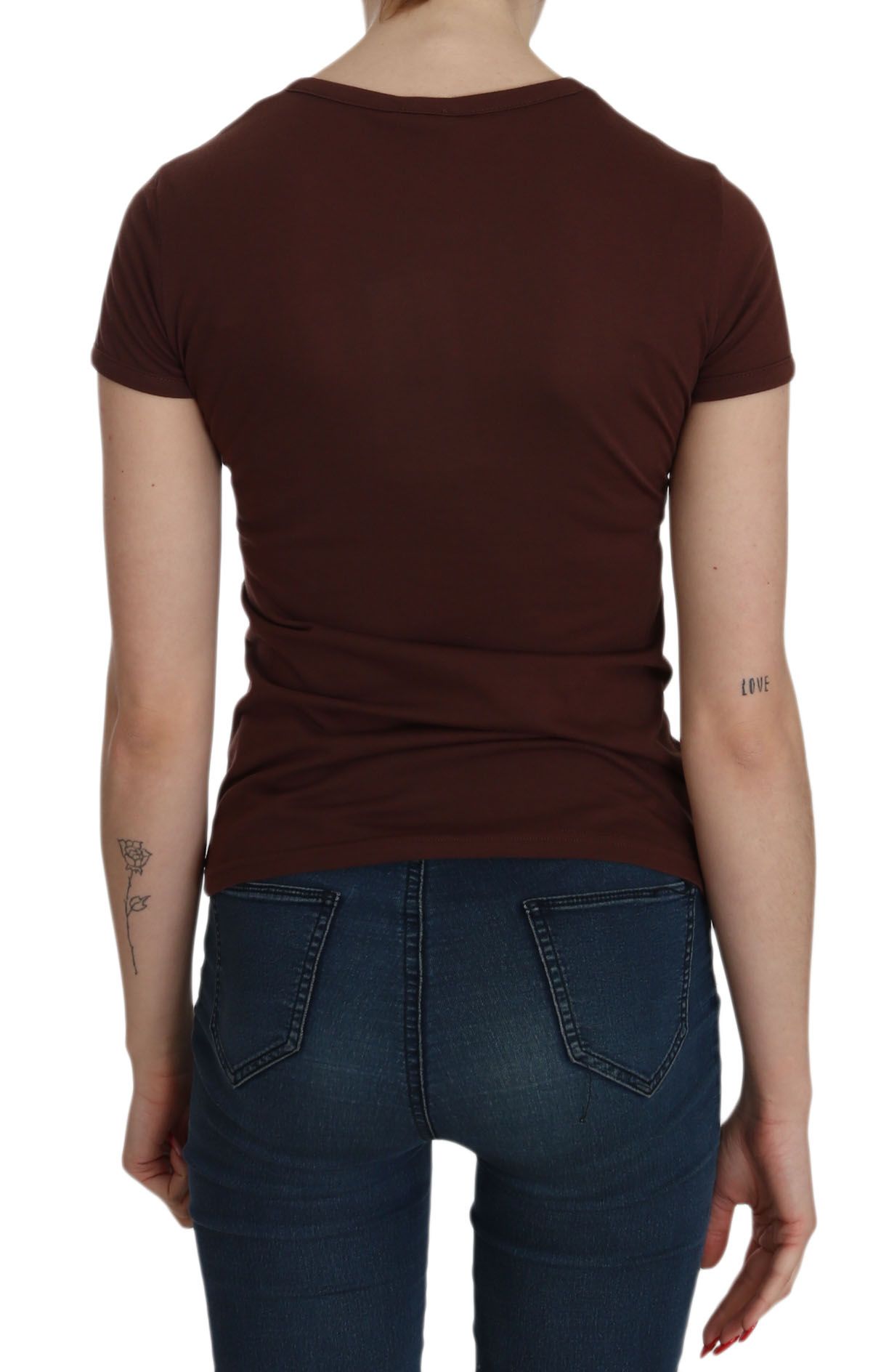 Extra Brown Heart Print Round Neck T-Shirt Short Sleeve Blouse