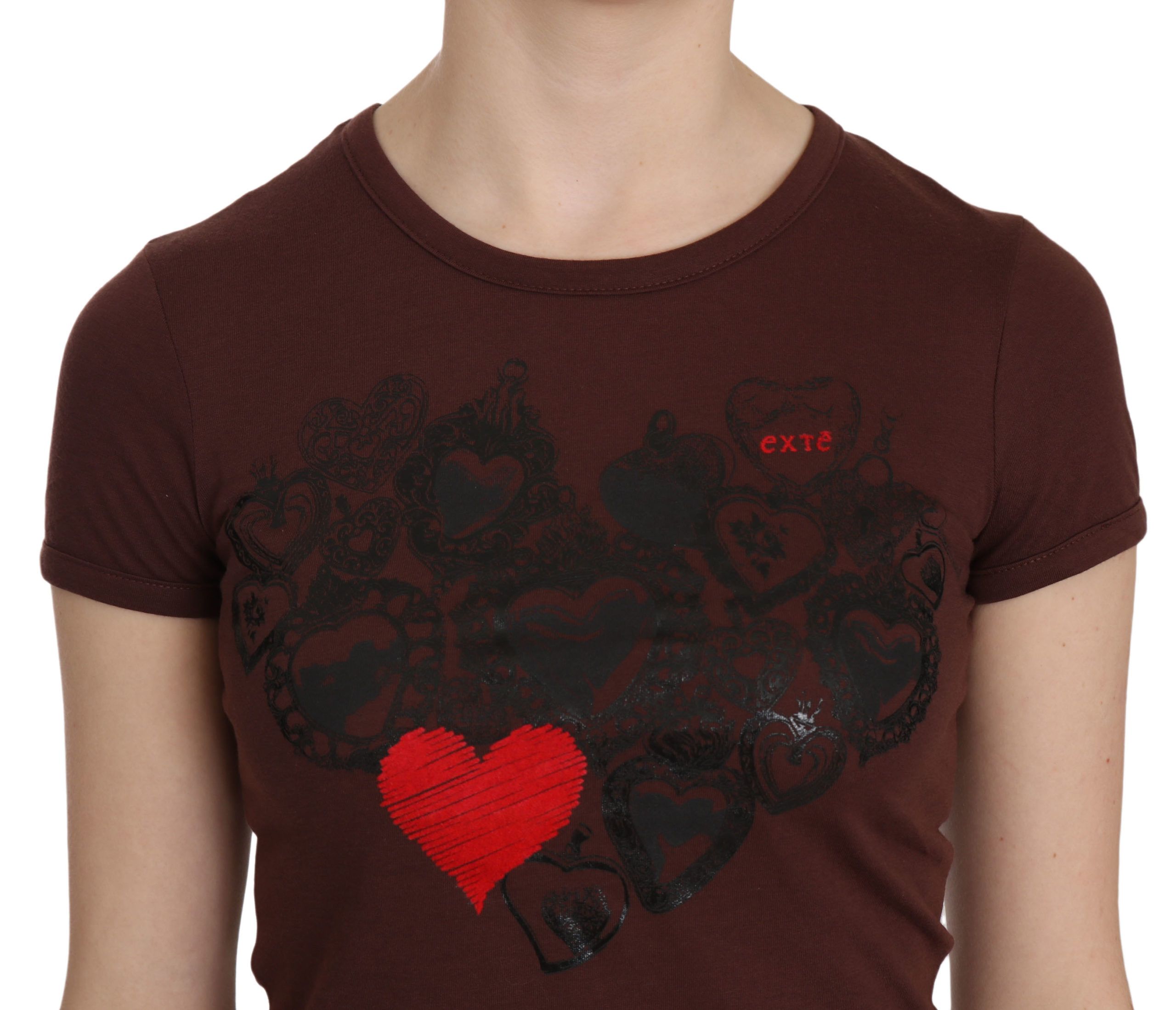 Extra Brown Heart Print Round Neck T-Shirt Short Sleeve Blouse
