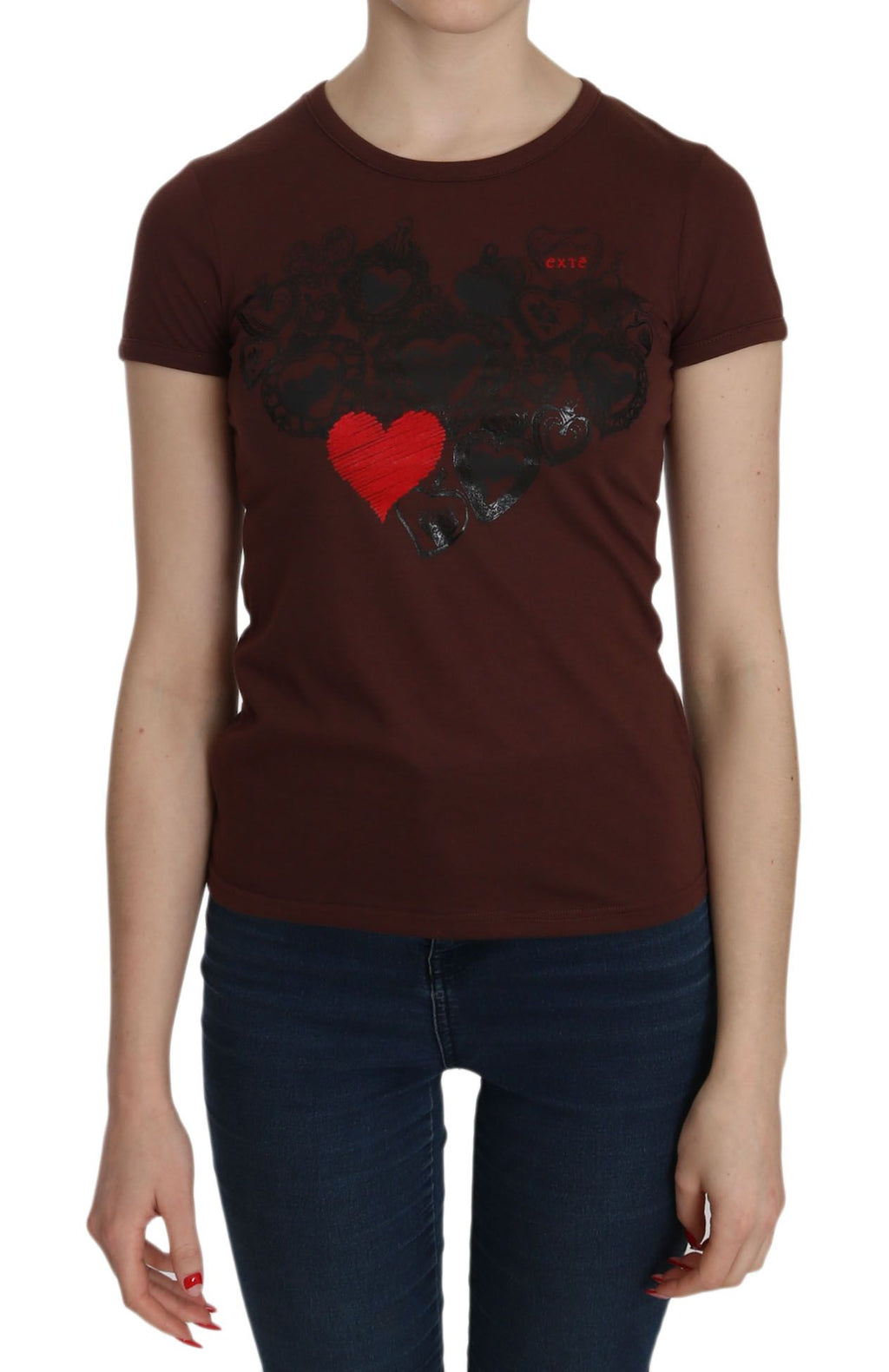 Extra Brown Heart Print Round Neck T-Shirt Short Sleeve Blouse