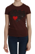 Extra Brown Heart Print Round Neck T-Shirt Short Sleeve Blouse