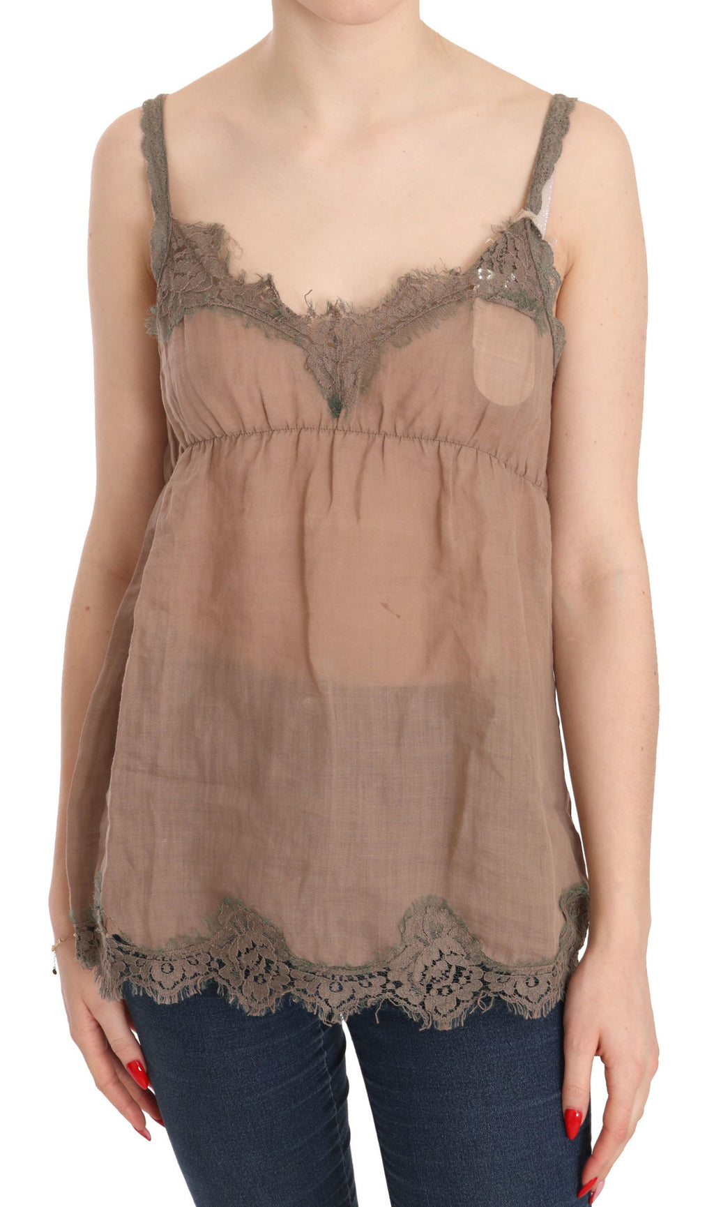 PINK MEMORIES Braunes Spitzen-Spaghettiträger-Top mit tiefem Ausschnitt Bluse