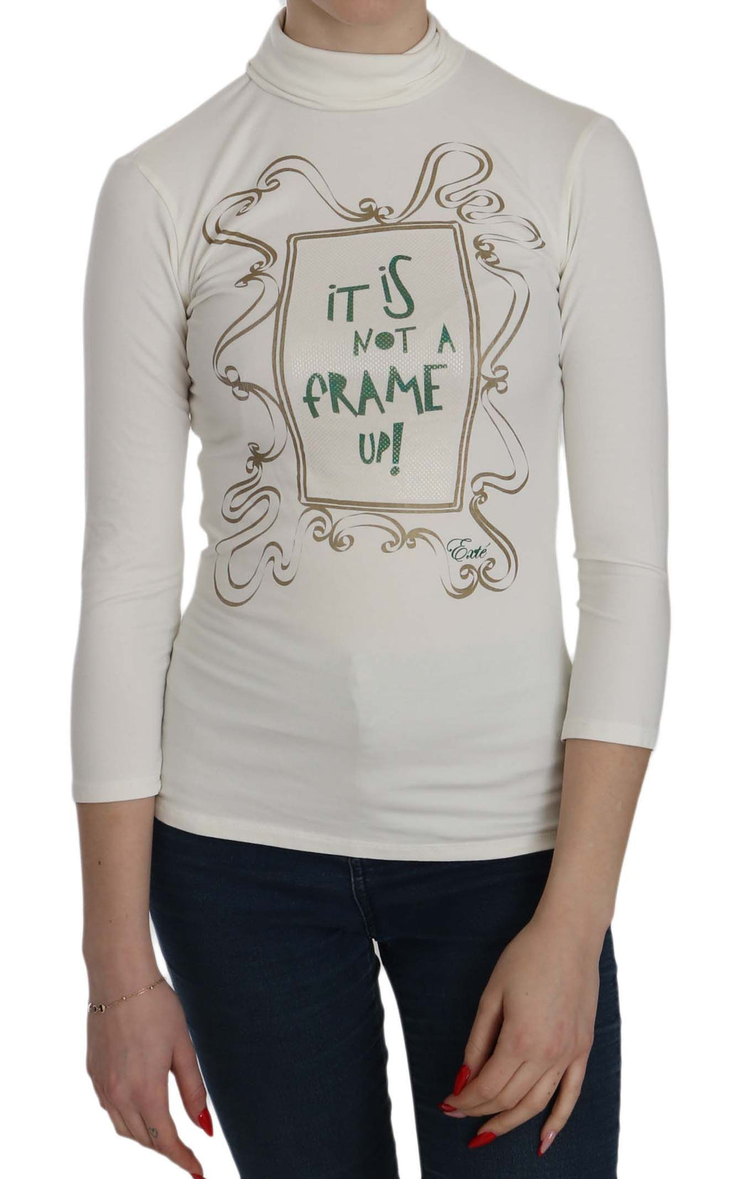 External White Printed Top with Turtleneck and 3/4 Sleeves Cotton Blouse
