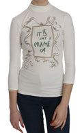 External White Printed Top with Turtleneck and 3/4 Sleeves Cotton Blouse