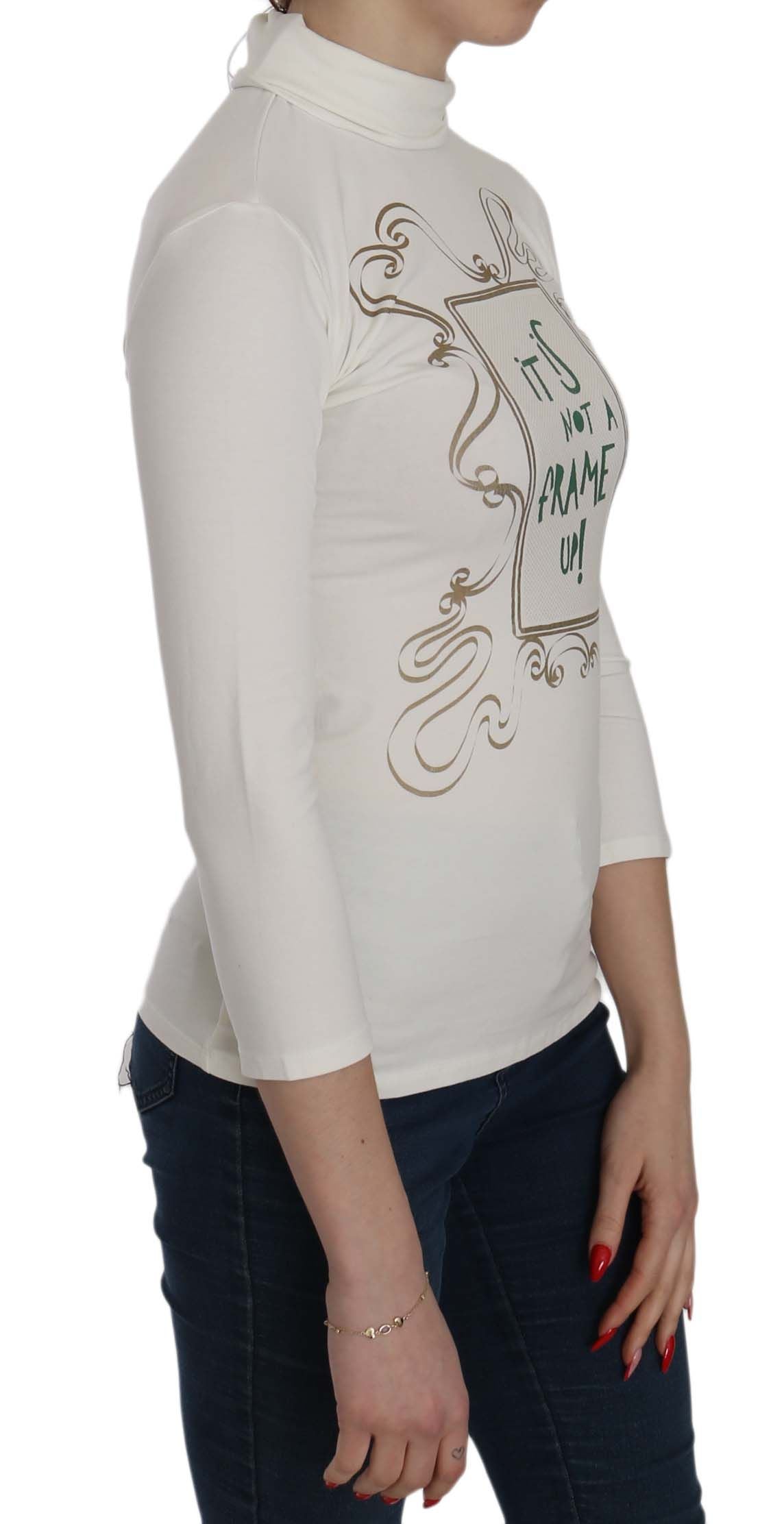 External White Printed Top with Turtleneck and 3/4 Sleeves Cotton Blouse
