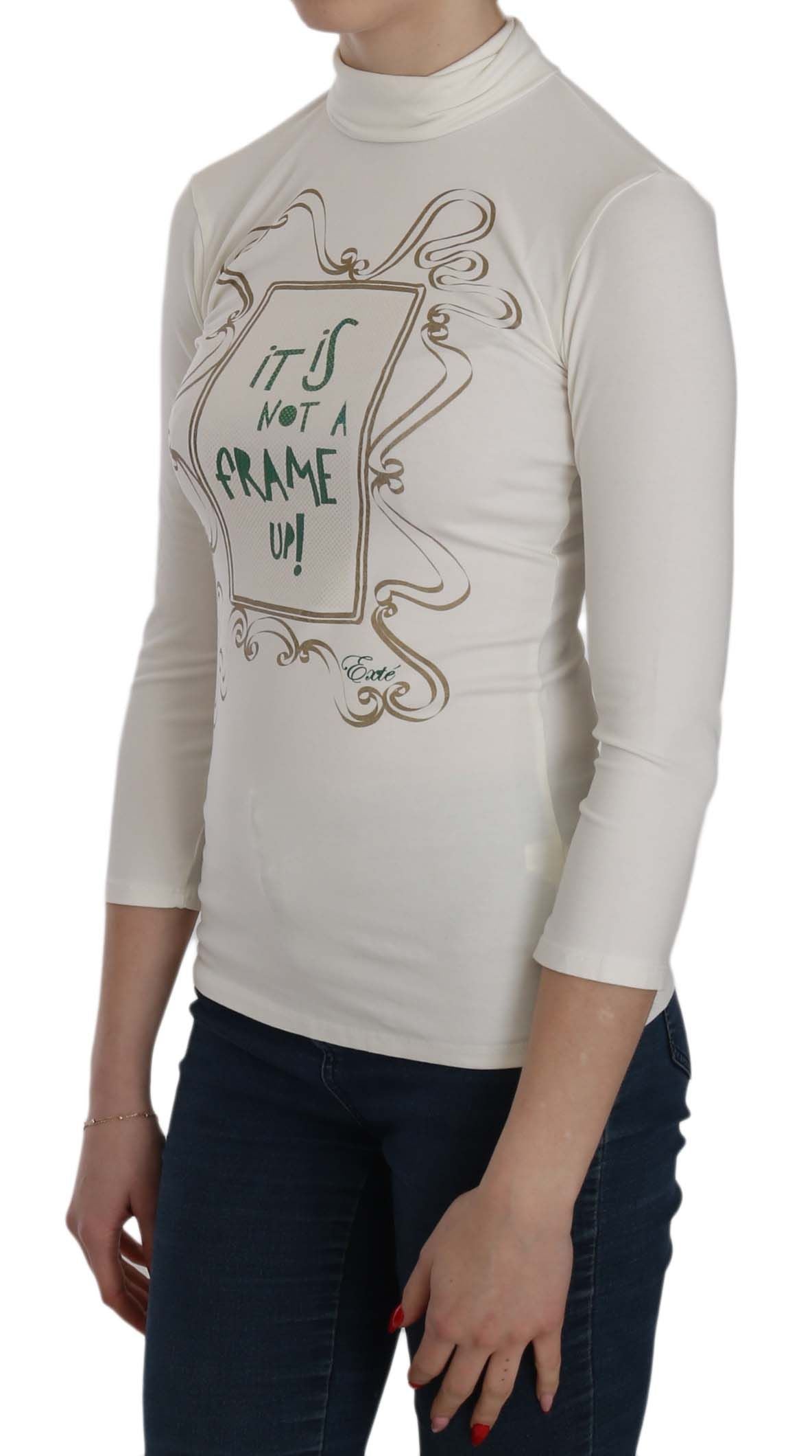 External White Printed Top with Turtleneck and 3/4 Sleeves Cotton Blouse