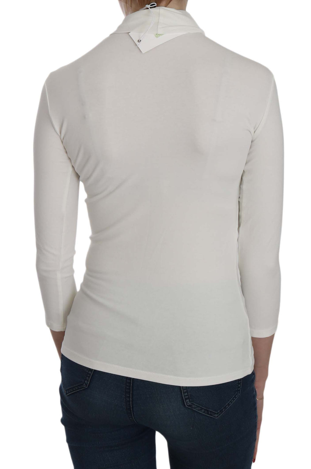 External White Printed Top with Turtleneck and 3/4 Sleeves Cotton Blouse