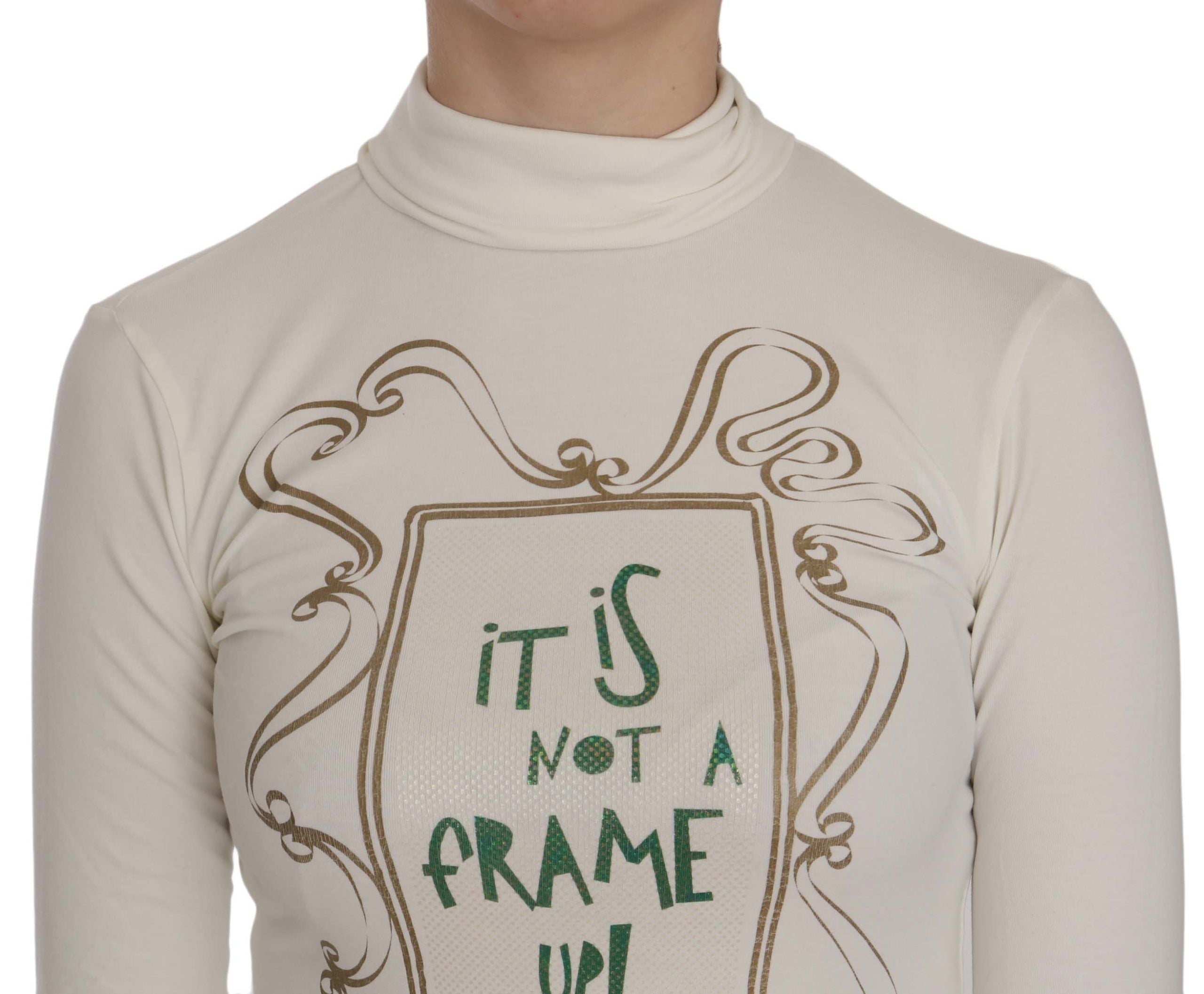External White Printed Top with Turtleneck and 3/4 Sleeves Cotton Blouse