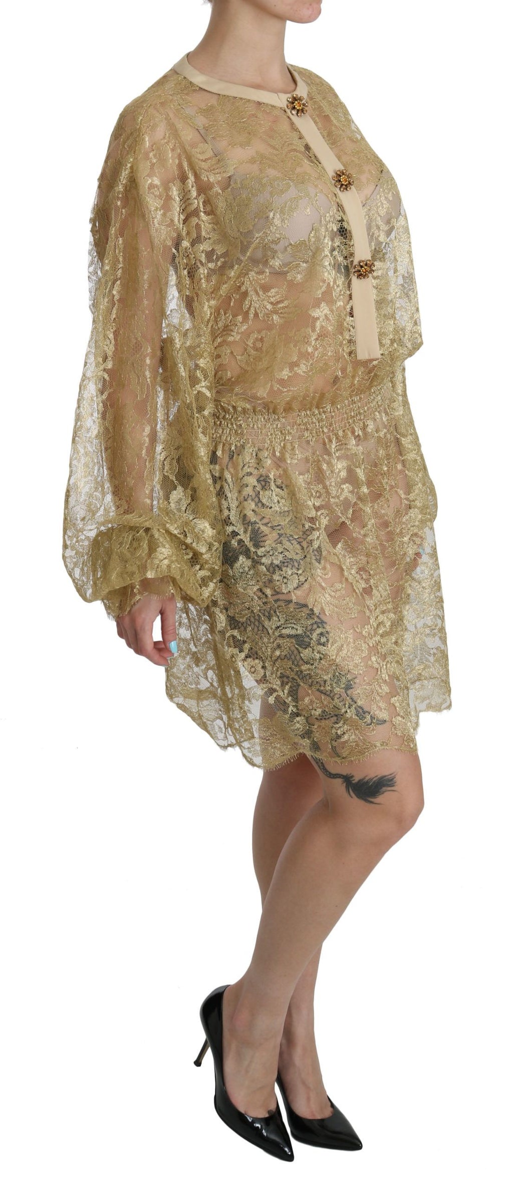 Dolce & Gabbana Goldfarbenes Kleid mit durchgehender Spitze in A-Linie und knielang