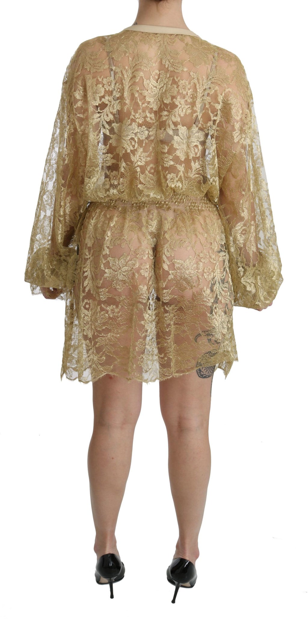 Dolce & Gabbana Goldfarbenes Kleid mit durchgehender Spitze in A-Linie und knielang