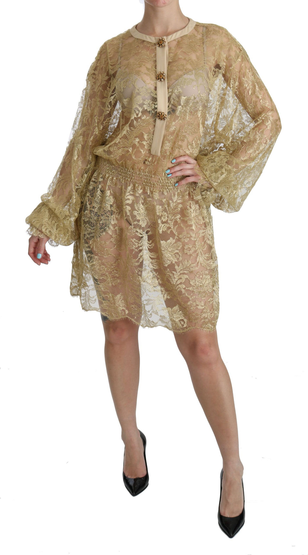Dolce & Gabbana Goldfarbenes Kleid mit durchgehender Spitze in A-Linie und knielang