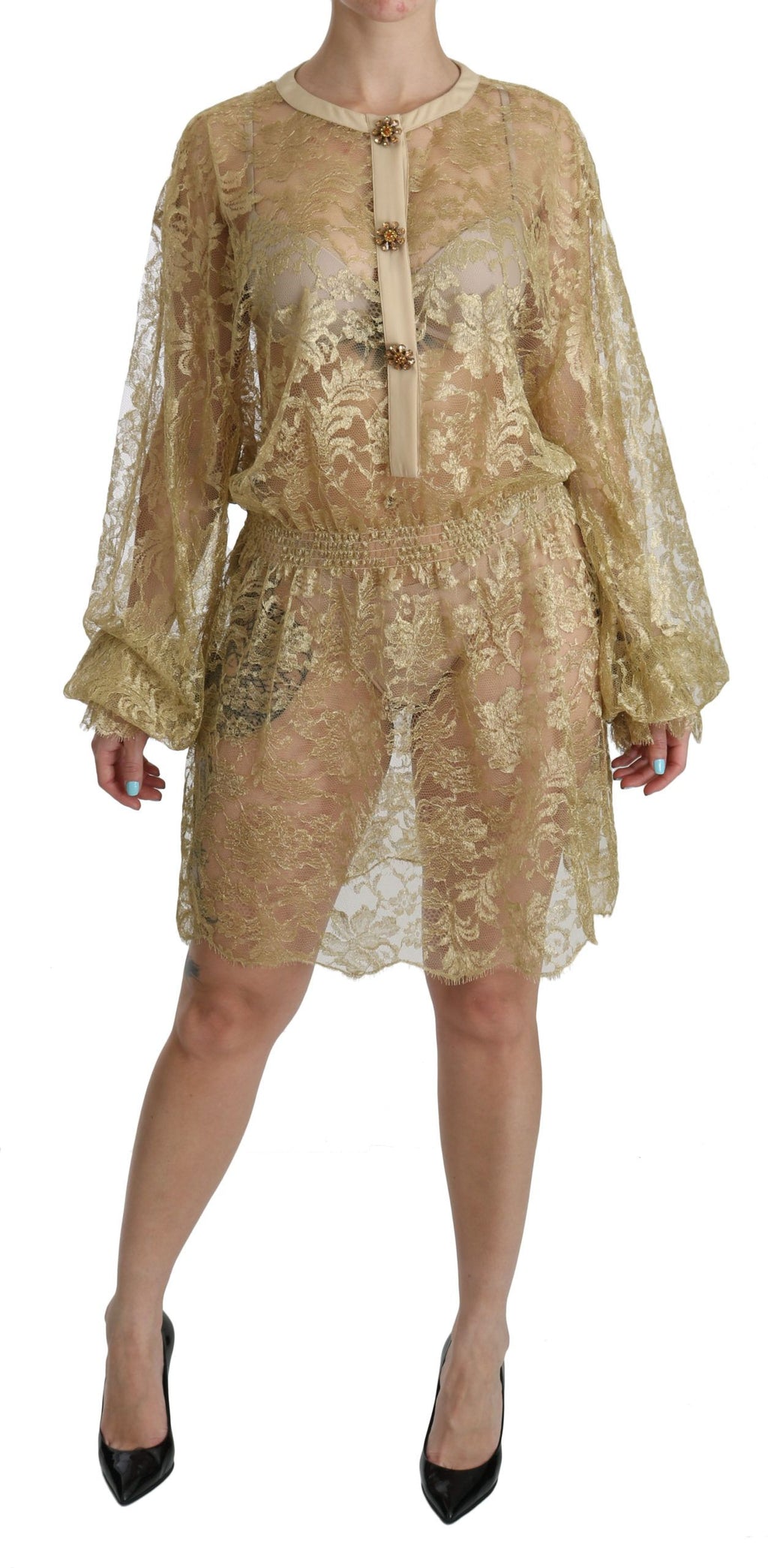 Dolce & Gabbana Goldfarbenes Kleid mit durchgehender Spitze in A-Linie und knielang