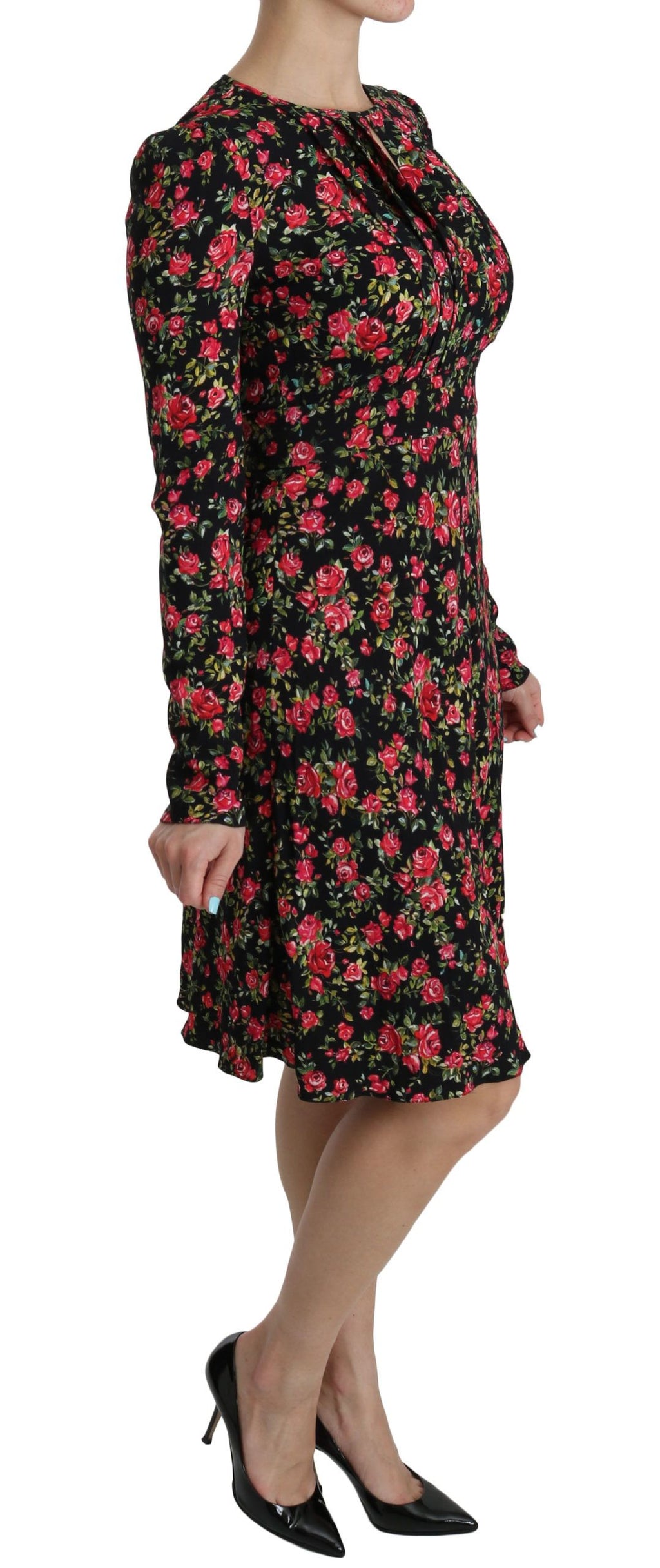 Dolce & Gabbana Black Floral Long-Sleeved Knee-Length Dress