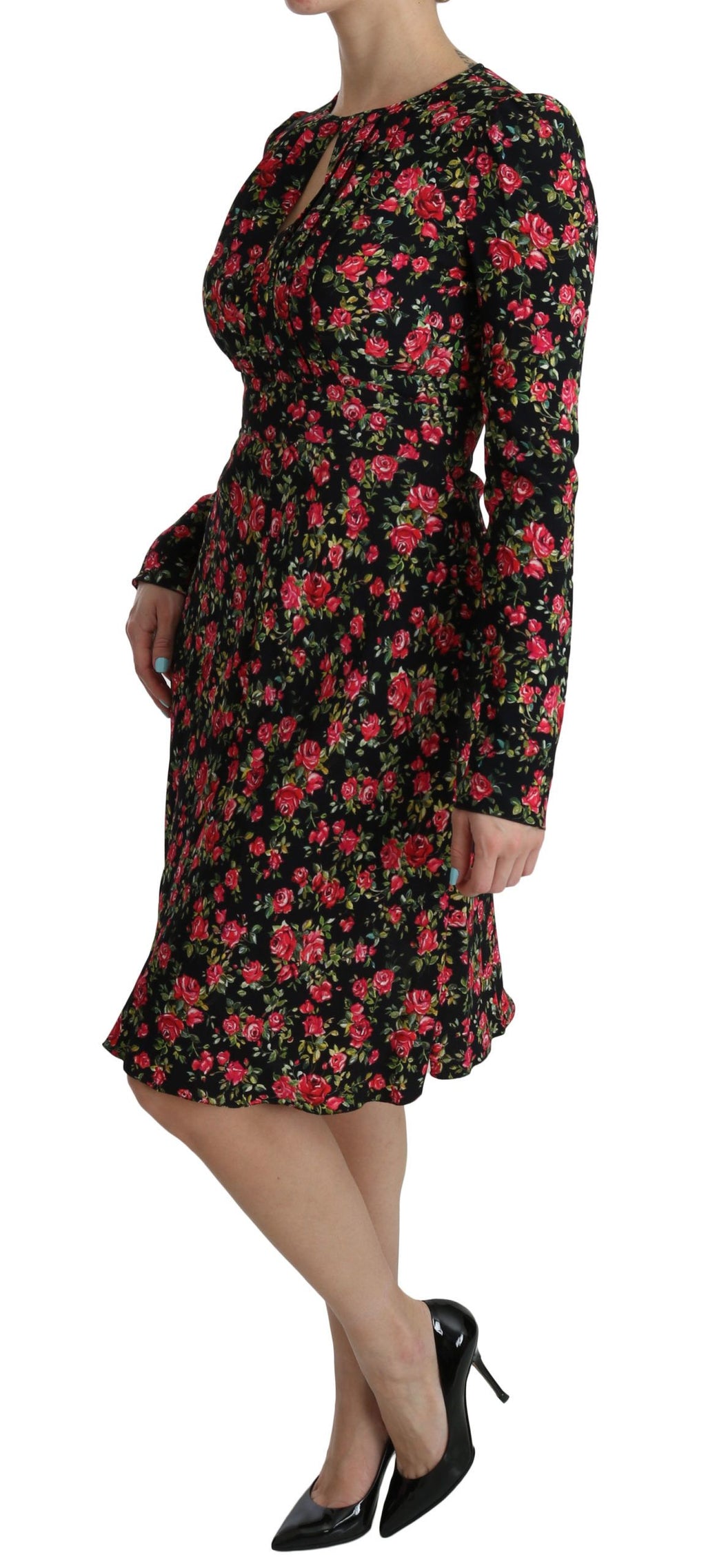 Dolce & Gabbana Black Floral Long-Sleeved Knee-Length Dress