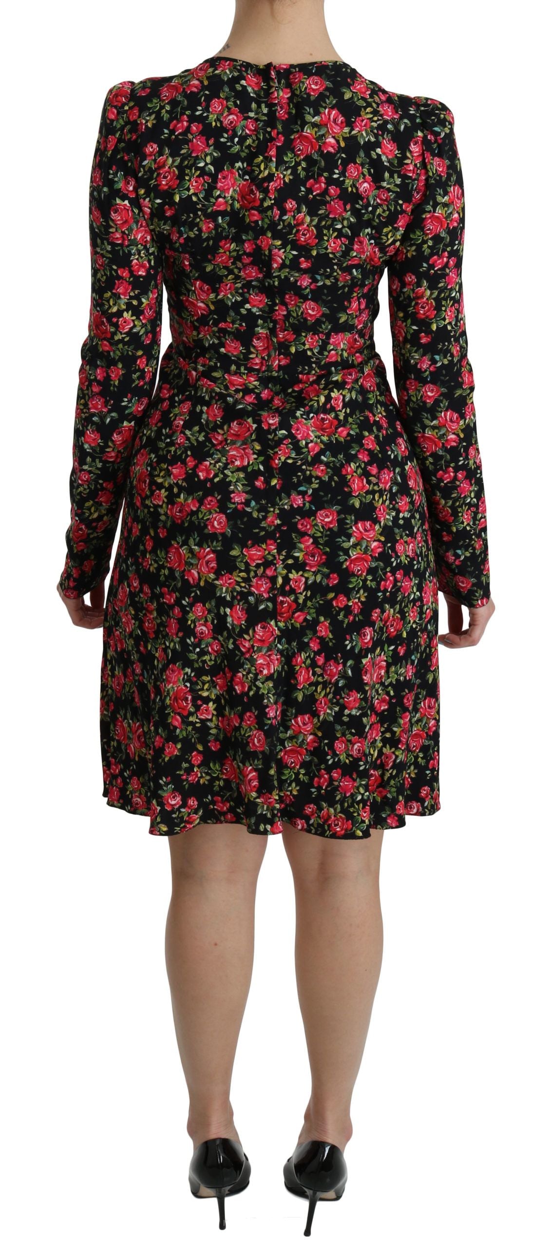 Dolce & Gabbana Black Floral Long-Sleeved Knee-Length Dress