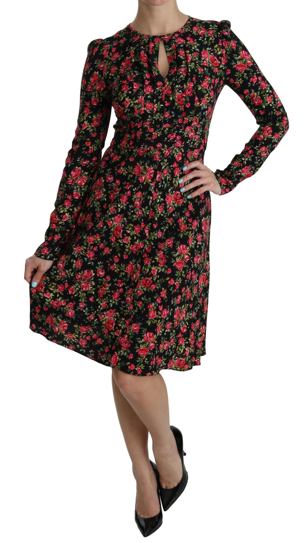 Dolce & Gabbana Black Floral Long-Sleeved Knee-Length Dress