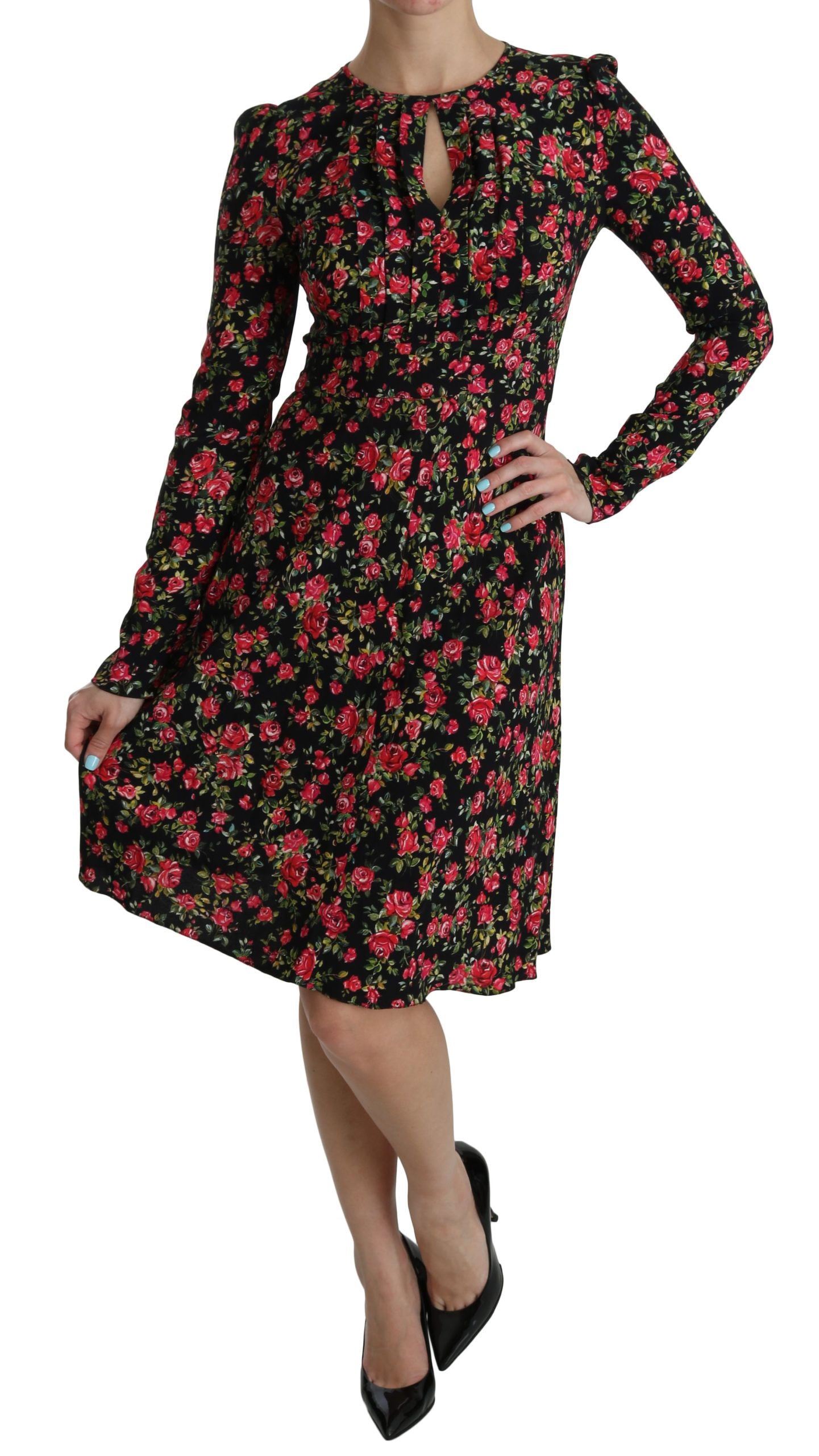 Dolce & Gabbana Black Floral Long-Sleeved Knee-Length Dress
