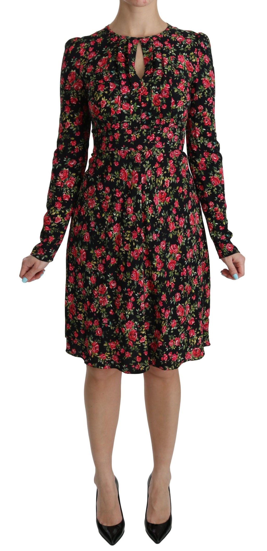 Dolce & Gabbana Black Floral Long-Sleeved Knee-Length Dress