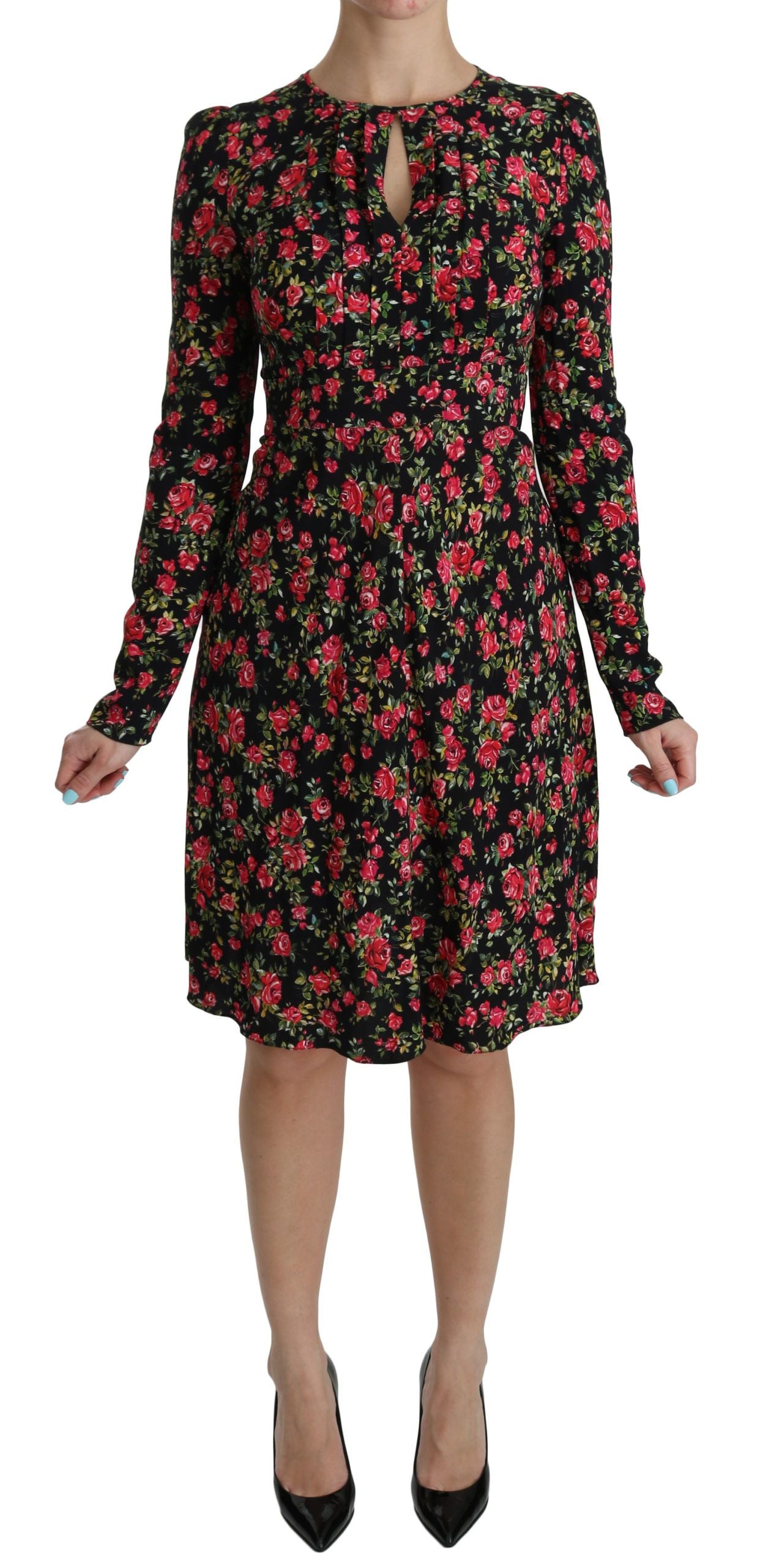 Dolce & Gabbana Black Floral Long-Sleeved Knee-Length Dress
